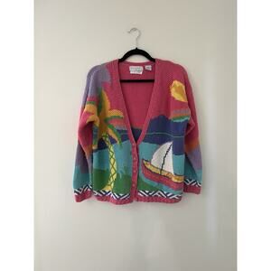 Segrets Sun Prints Size M Hand Knit Colorful Tropical Cardigan Sweater Vintage